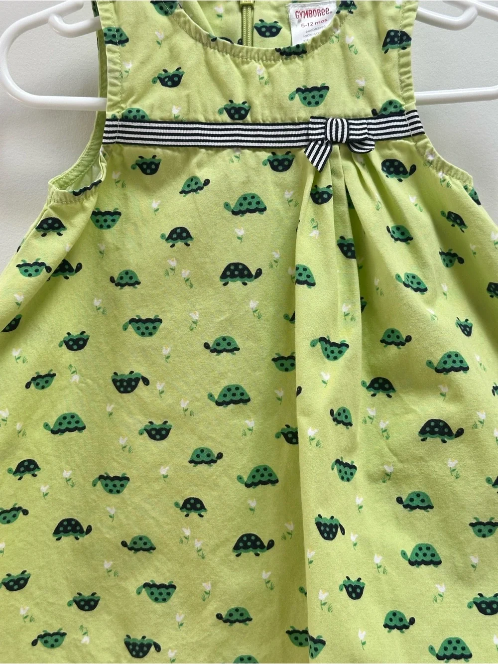 Vintage Gymboree Lime Green Turtle Print Dress with Striped Bow, baby 6-12M